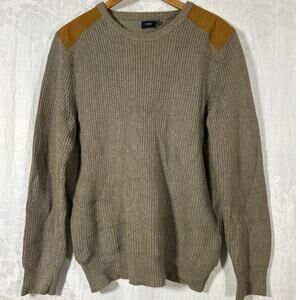 J Crew Sweater Lrg Tan Cotton Ribbed Faux Suede Shoulder Patch Woodsman Comando